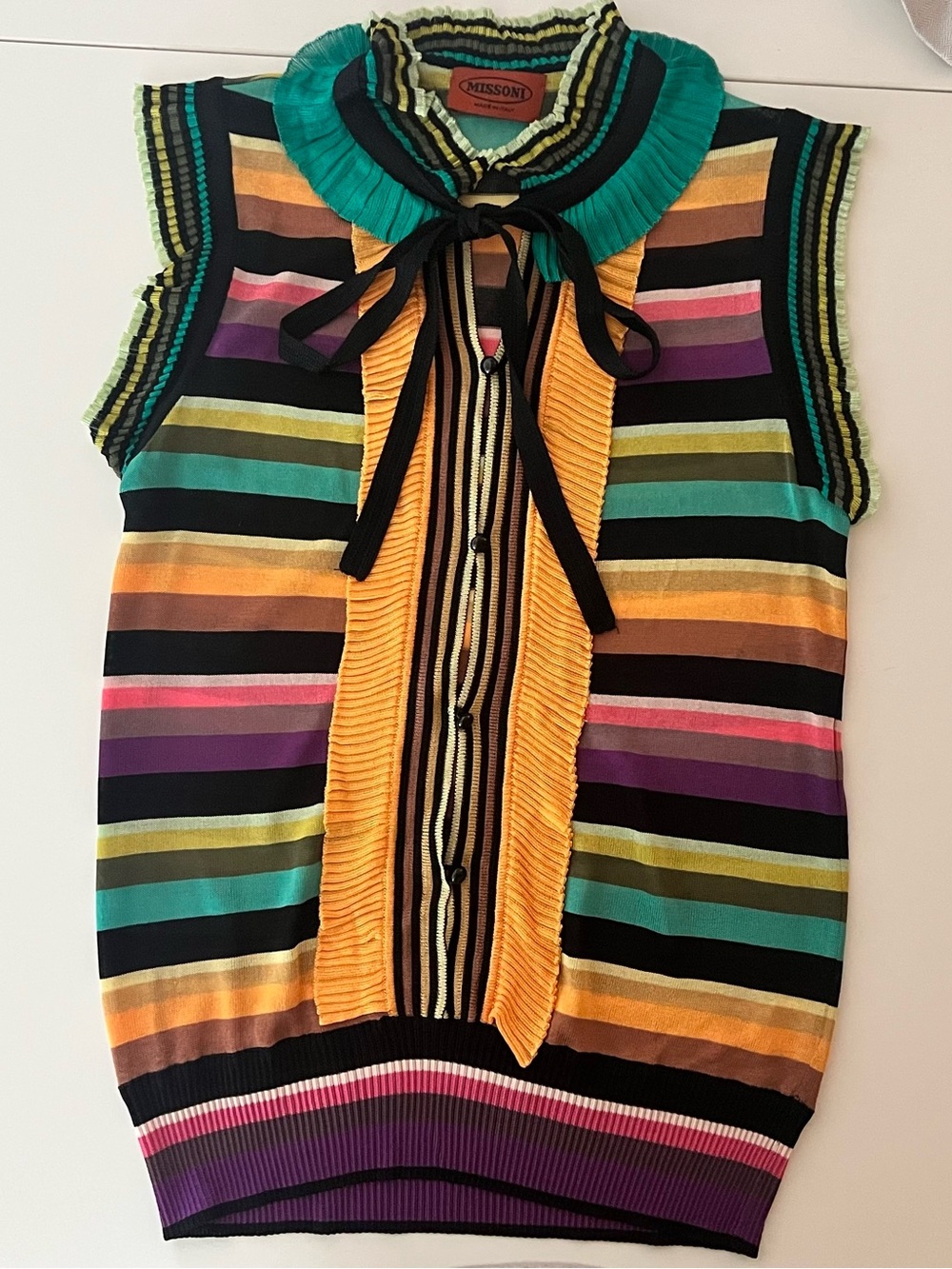 Missoni Orange Label Striped Knit Top Ruffle Tie Front Cardigan I 40 US